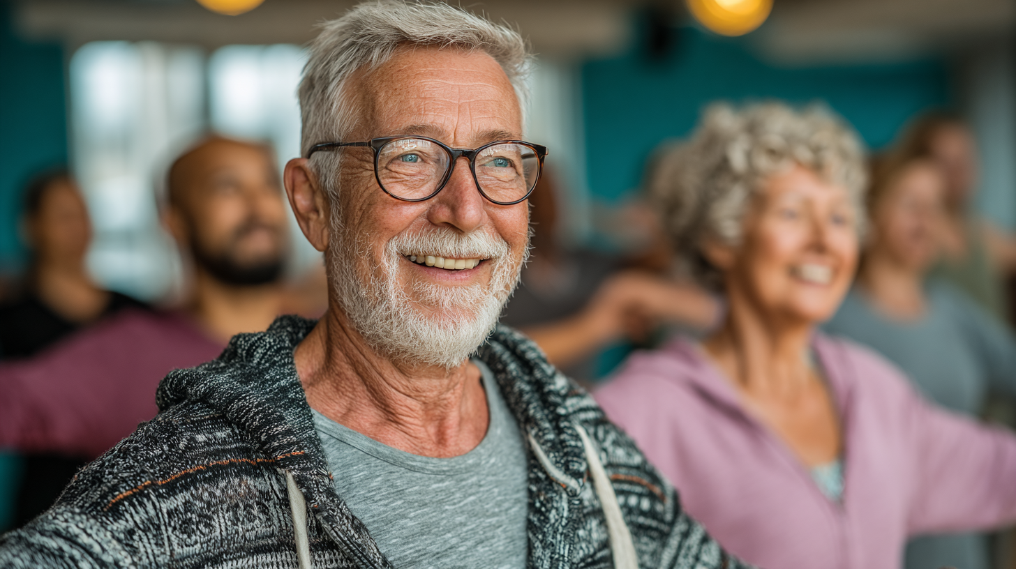 Seniori activi practicând exerciții de fitness într-un mediu prietenos și sigur