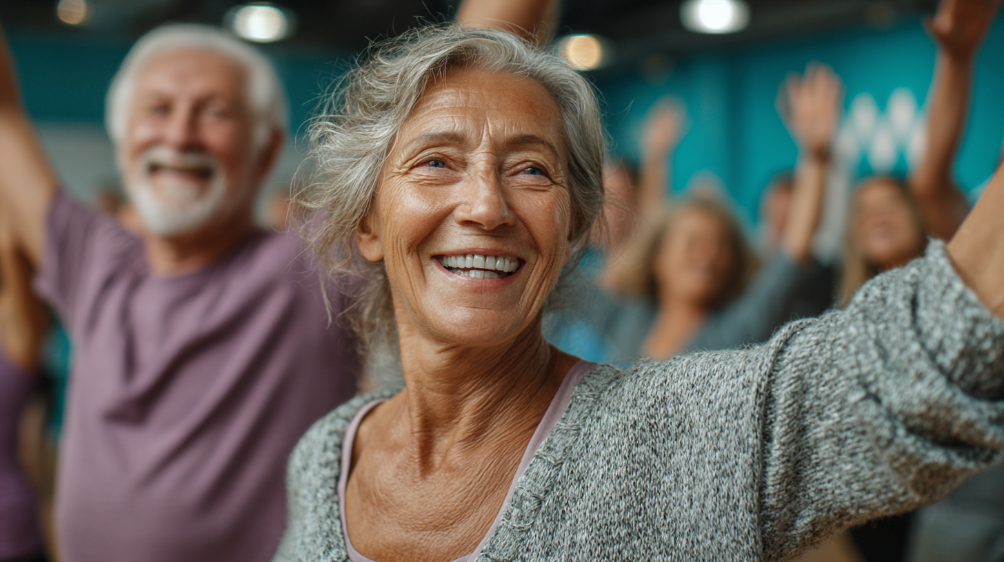 Grup de seniori practicând yoga și exerciții de echilibru într-un studio luminos și prietenos